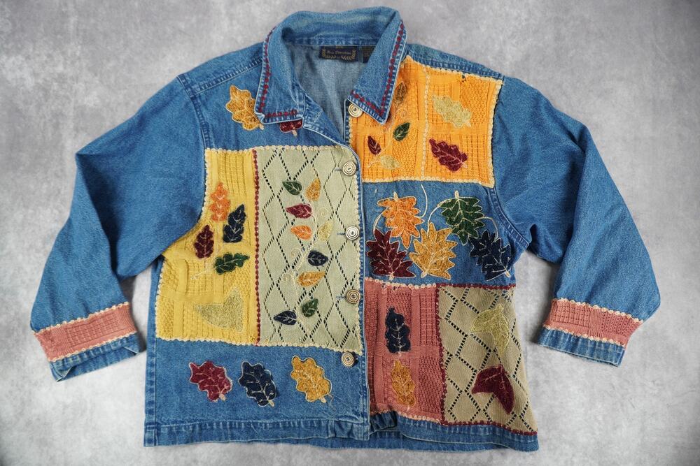 Vintage New Direction Extra Large Patchwork Denim Jacket Autumn Leaves Boho